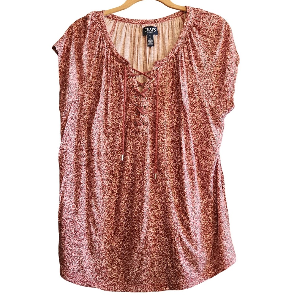Chaps Blouse Women PXL Red Excellent Floral Paisley Lace Up Boho Peasant Top